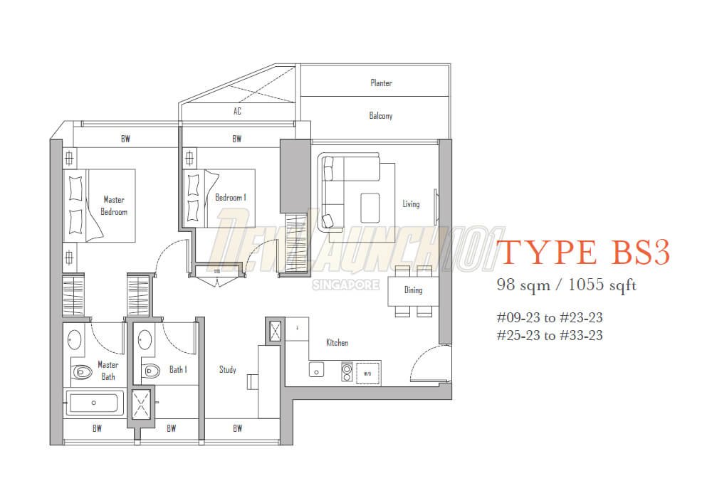 V on Shenton 2-Bedroom Study Floor Plan Type BS3